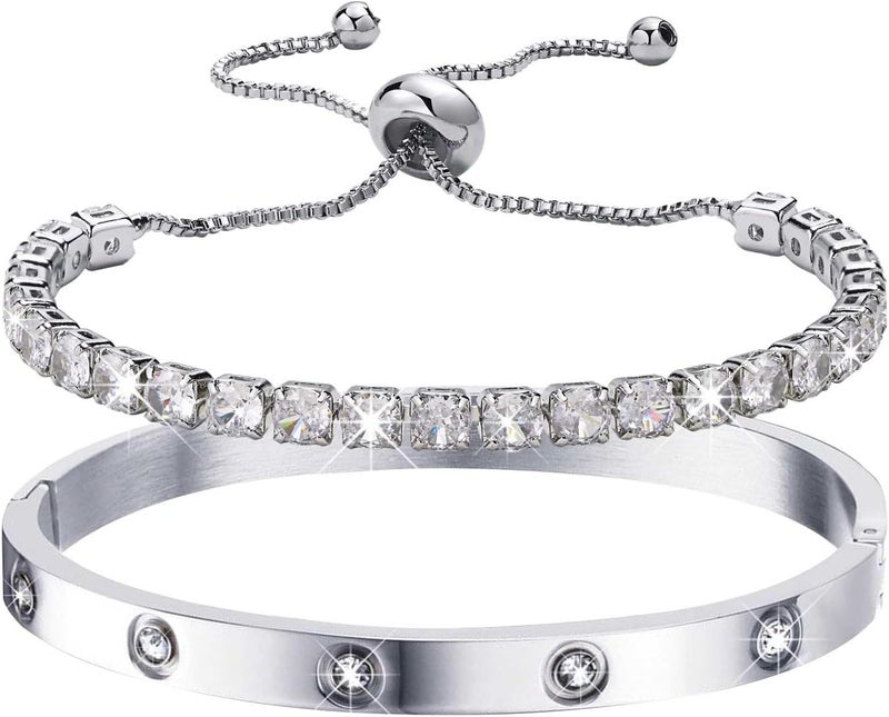 MPRAINBOW Gold Bracelets for Women, 2Pcs 18K Gold Plated Cubic Zirconia Bangle Crystal Friendship Bracelet Jewelry,Wedding Party Christmas Birthday Gifts for Her Girlfriend Sister Daughter - Image 1